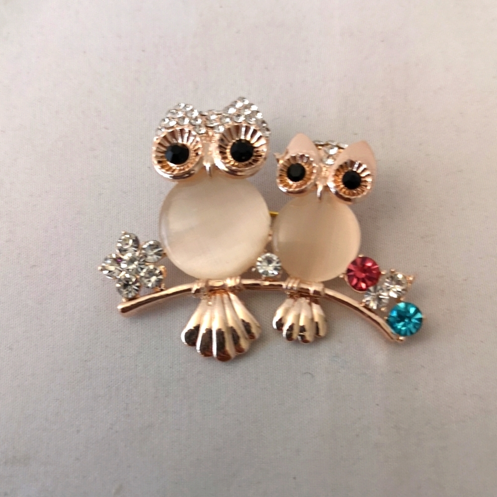 Owl with Baby Owl on Branch, Rose Gold-tone Brooch with Moonstones & Rhinestones